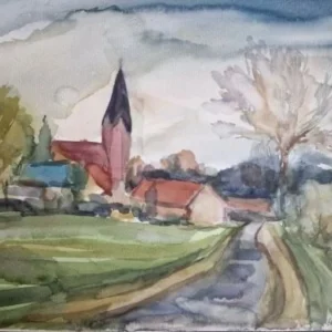 Großes Aquarell „Straße zur Kirche“ Heinz Brennigk 1925-2016 DDR Maler