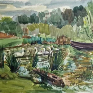 Großes Aquarell "Teich mit Schwänen" Heinz Brennigk 1925-2016 DDR Maler