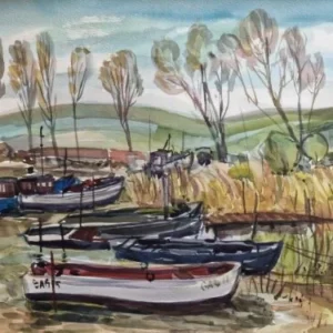 Großes Aquarell „Am Fischerhafen“ Heinz Brennigk 1925-2016 DDR Maler
